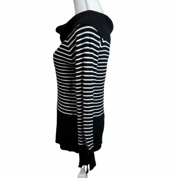 New York and Co Womens Sweater Sz XL Black White Off-Shoulder Neck 7th Avenue LS - Picture 3 of 12